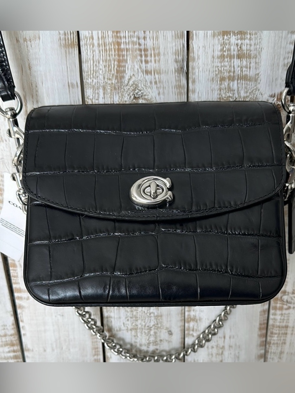 Coach Black Leather Croc Embossed Cassie 19 Crossbody Bag Purse New NWT